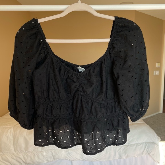 A New Day Black Puff Sleeve Eyelet Blouse - Picture 5 of 7